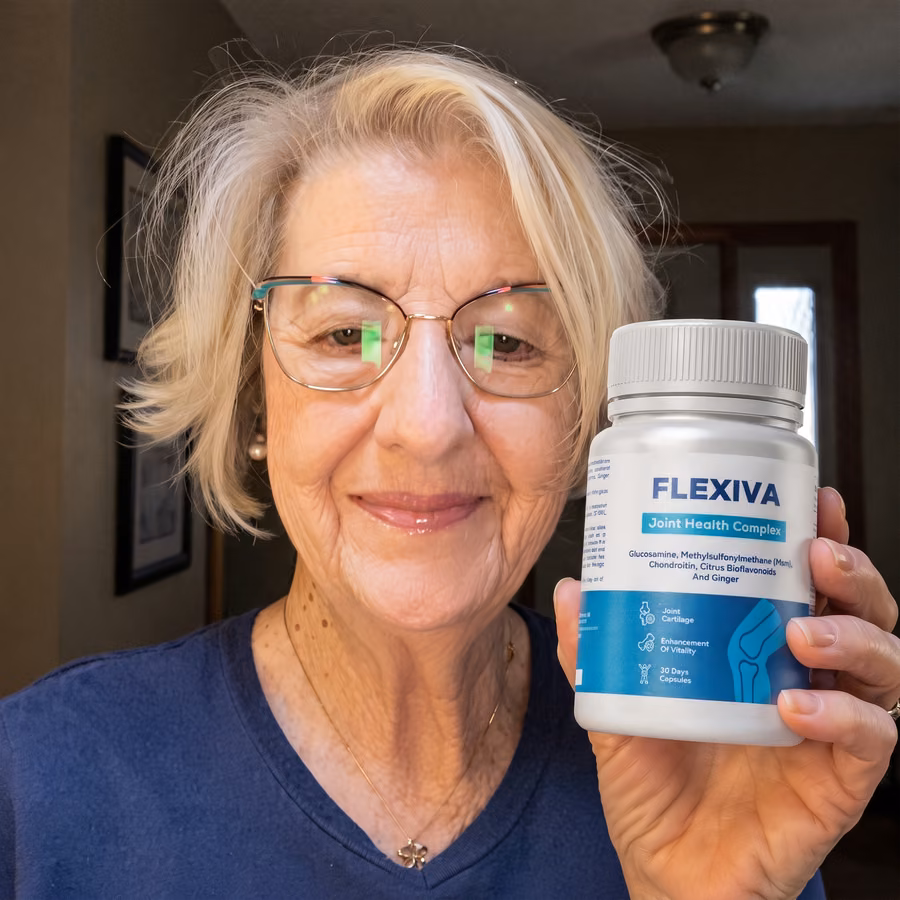 Smiling senior woman with glasses holding a jar of Flexiva