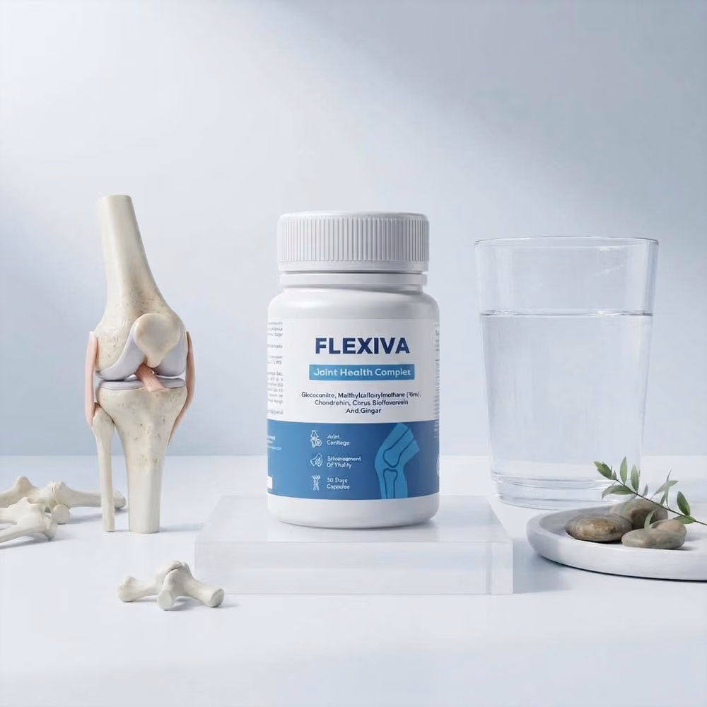 Jar of Flexiva on a white plinth beside a knee joint model and a glass of water